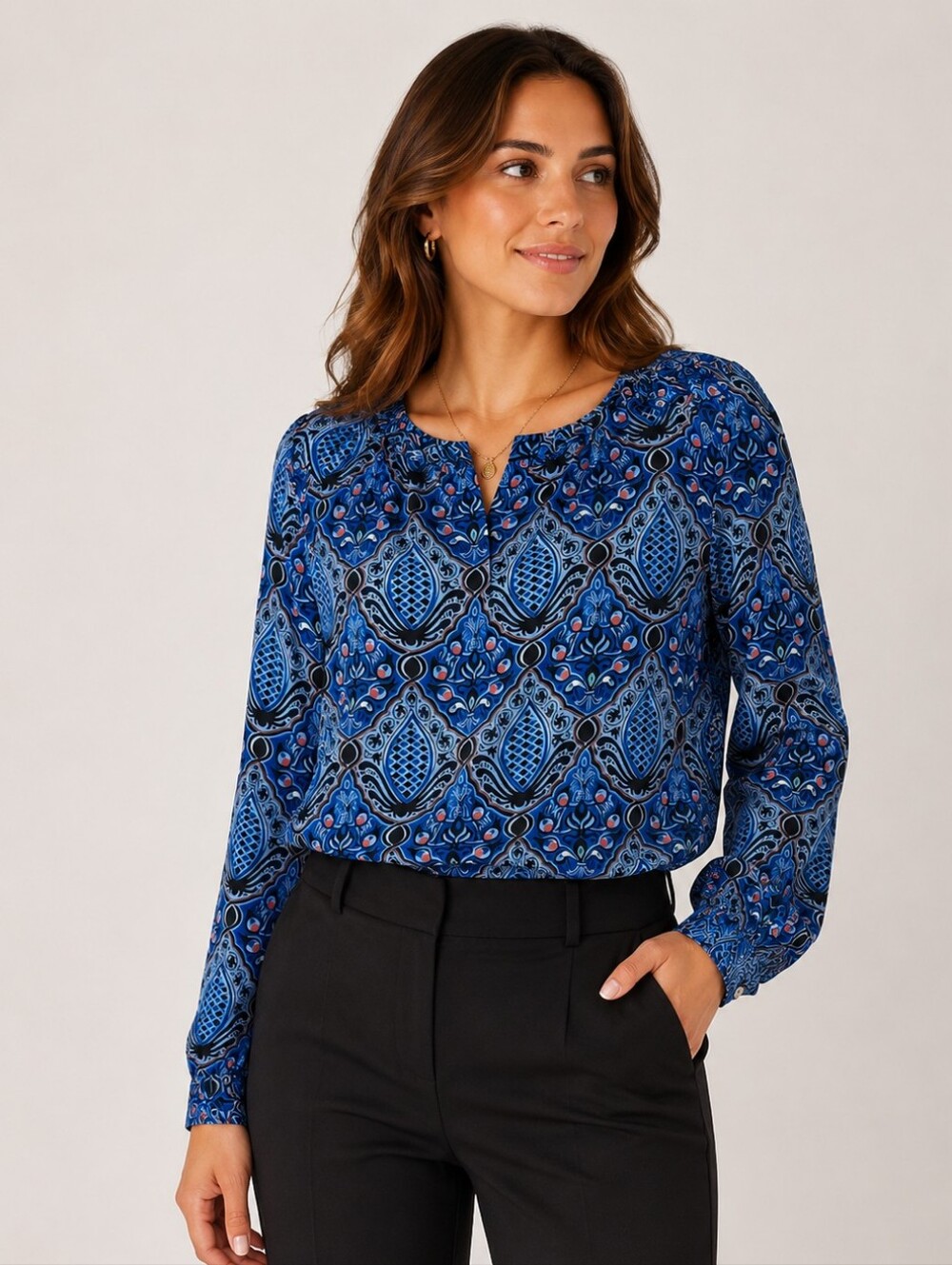 Ann Taylor Loft Blue Geometric  Long-Sleeve Blouse